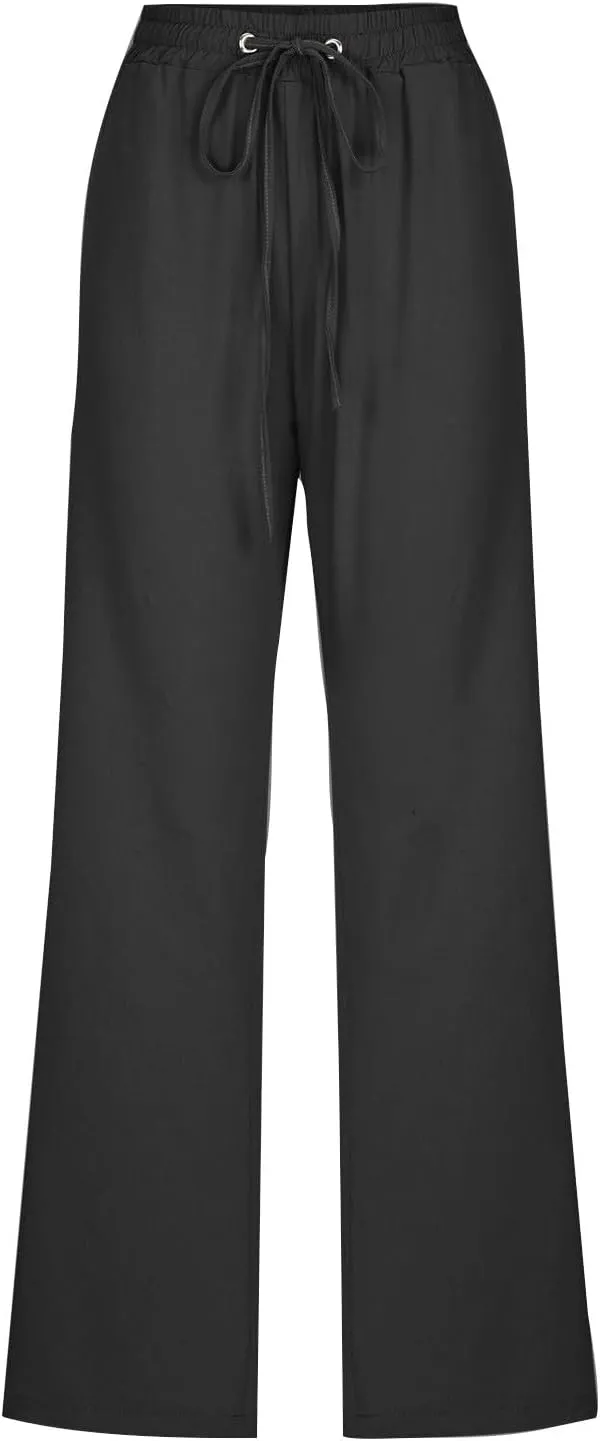 Women's Linen Pant Drawstrings Straight Leg High Waist Trousers Summer Casual Lightweight Breathable Long Pants