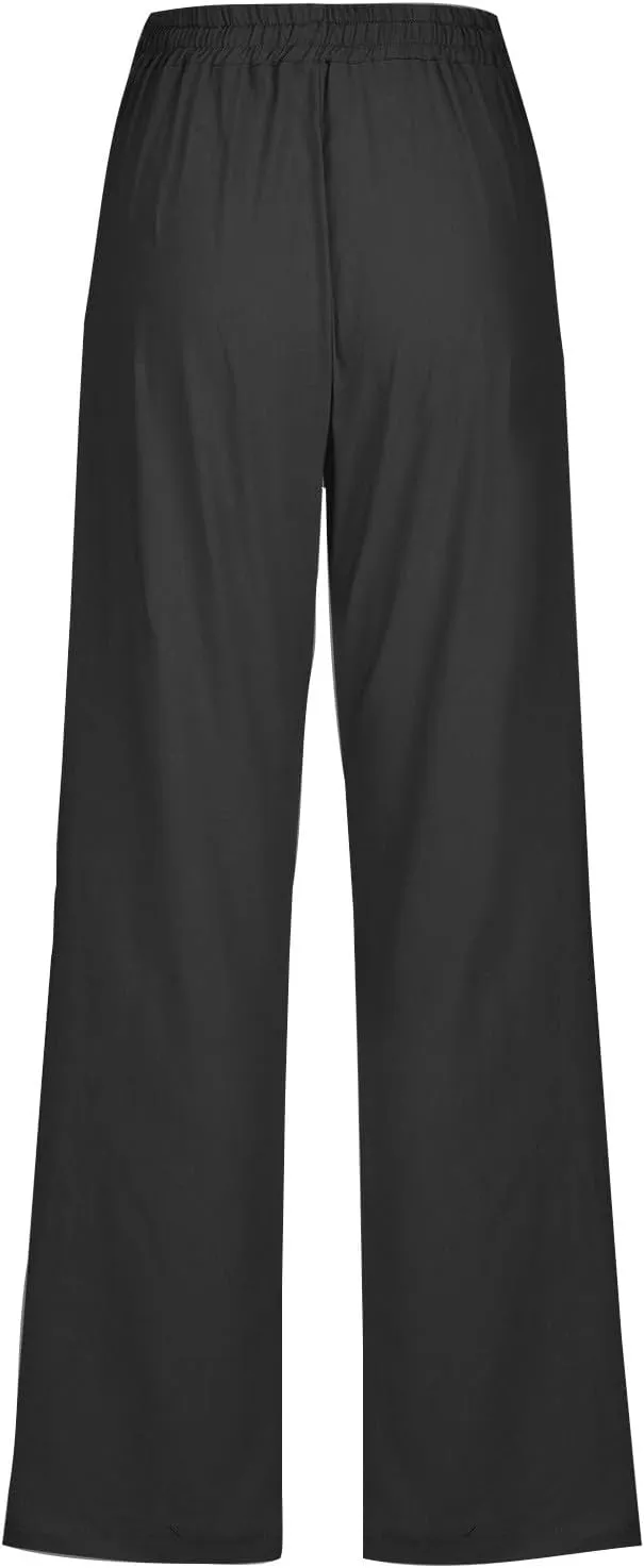 Women's Linen Pant Drawstrings Straight Leg High Waist Trousers Summer Casual Lightweight Breathable Long Pants