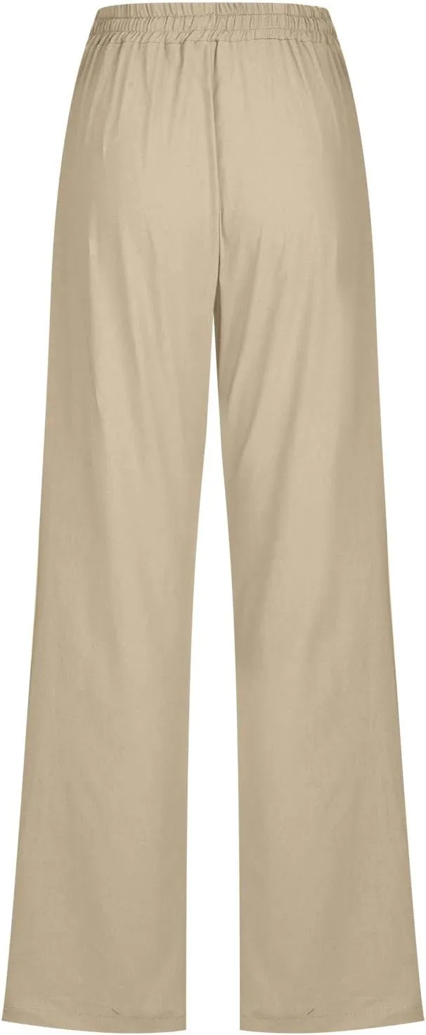 Women's Linen Pant Drawstrings Straight Leg High Waist Trousers Summer Casual Lightweight Breathable Long Pants