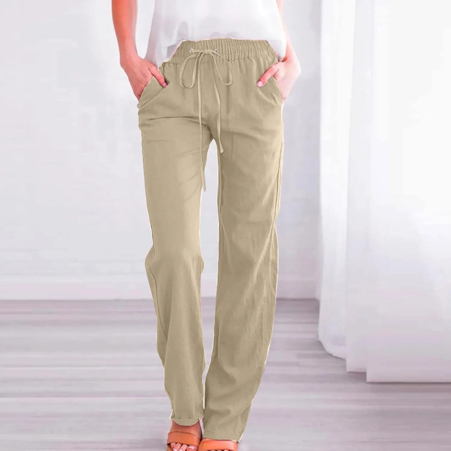 Women's Linen Pant Drawstrings Straight Leg High Waist Trousers Summer Casual Lightweight Breathable Long Pants