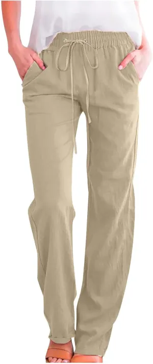 Women's Linen Pant Drawstrings Straight Leg High Waist Trousers Summer Casual Lightweight Breathable Long Pants