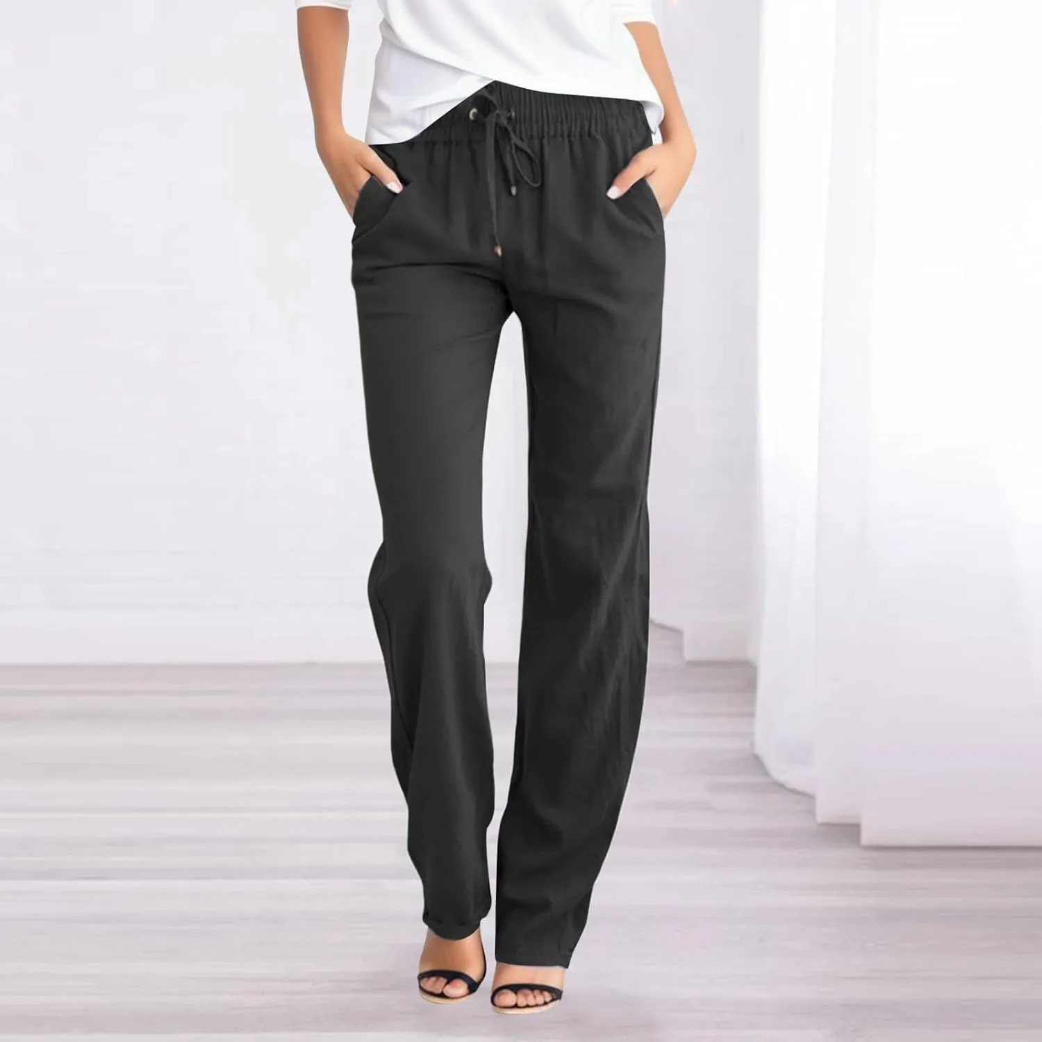 Women's Linen Pant Straight Leg Drawstrings High Waist Trousers Summer Casual Lightweight Breathable Long Pants