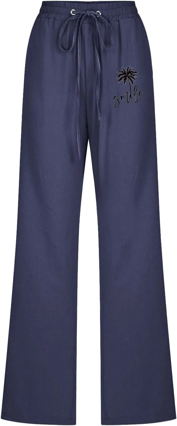 Women's Linen Pant Straight Leg Drawstrings High Waist Trousers Summer Casual Lightweight Breathable Long Pants