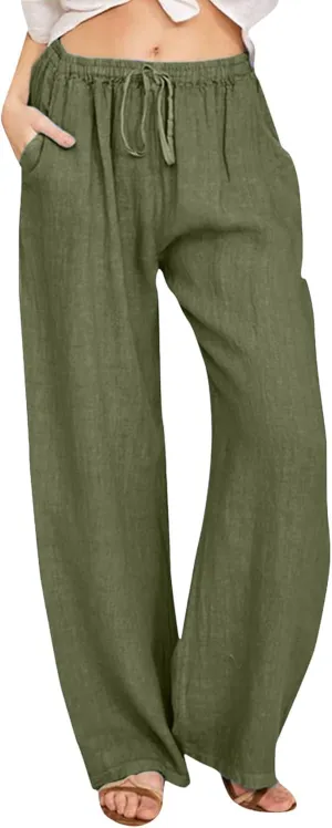 Women's Linen Pant Straight Leg Drawstrings High Waist Trousers Summer Casual Lightweight Breathable Long Pants