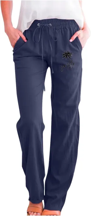 Women's Linen Pant Straight Leg Drawstrings High Waist Trousers Summer Casual Lightweight Breathable Long Pants