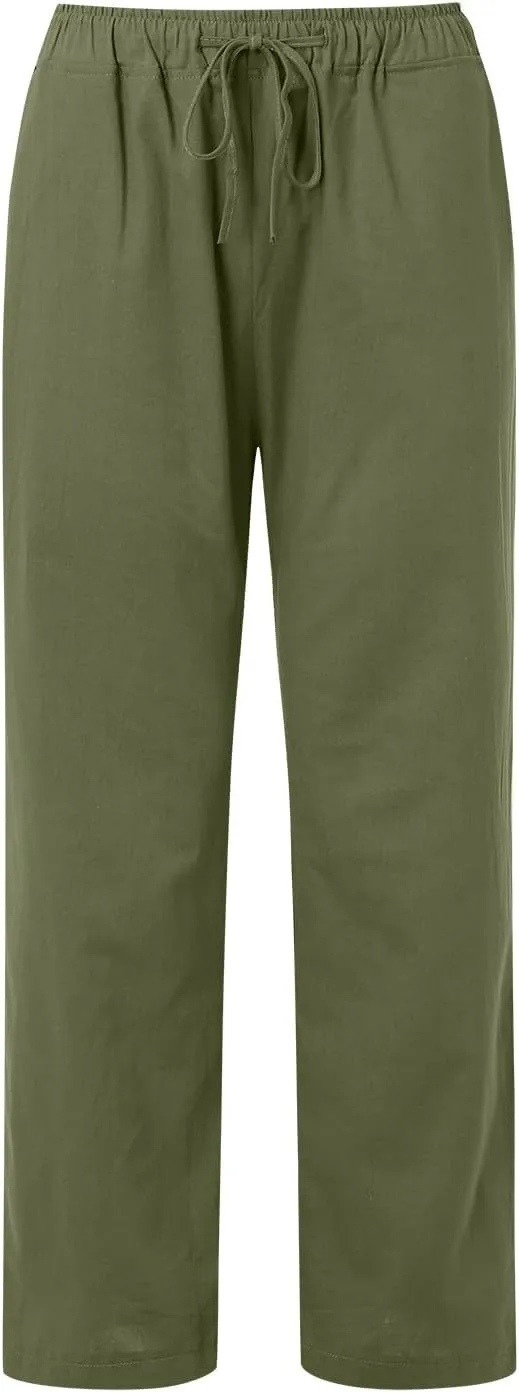 Women's Linen Pant Straight Leg Drawstrings High Waist Trousers Summer Casual Lightweight Breathable Long Pants