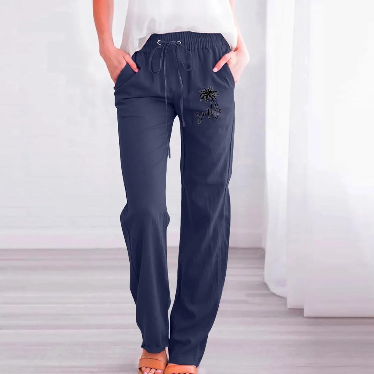Women's Linen Pant Straight Leg Drawstrings High Waist Trousers Summer Casual Lightweight Breathable Long Pants