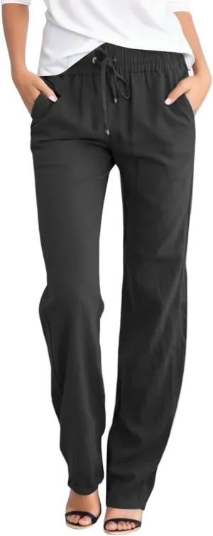 Women's Linen Pant Straight Leg Drawstrings High Waist Trousers Summer Casual Lightweight Breathable Long Pants