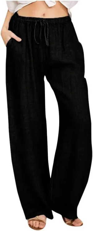 Womens Linen Pants 2025 Summer Wide Leg Casual Loose Fit Elastic High Waist Palazzo Pants Linen Trousers with Pockets