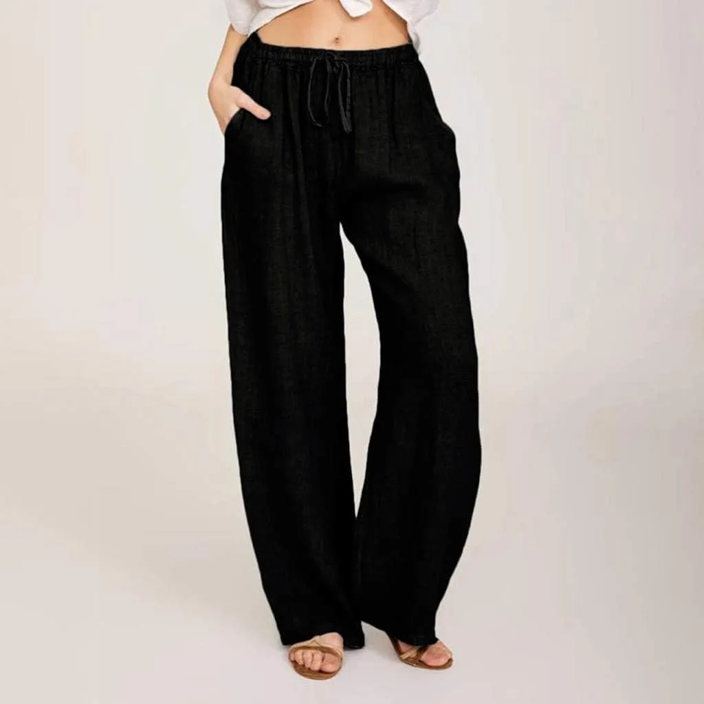 Womens Linen Pants 2025 Summer Wide Leg Casual Loose Fit Elastic High Waist Palazzo Pants Linen Trousers with Pockets