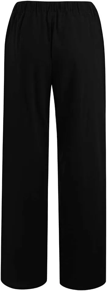 Womens Linen Pants 2025 Summer Wide Leg Casual Loose Fit Elastic High Waist Palazzo Pants Linen Trousers with Pockets