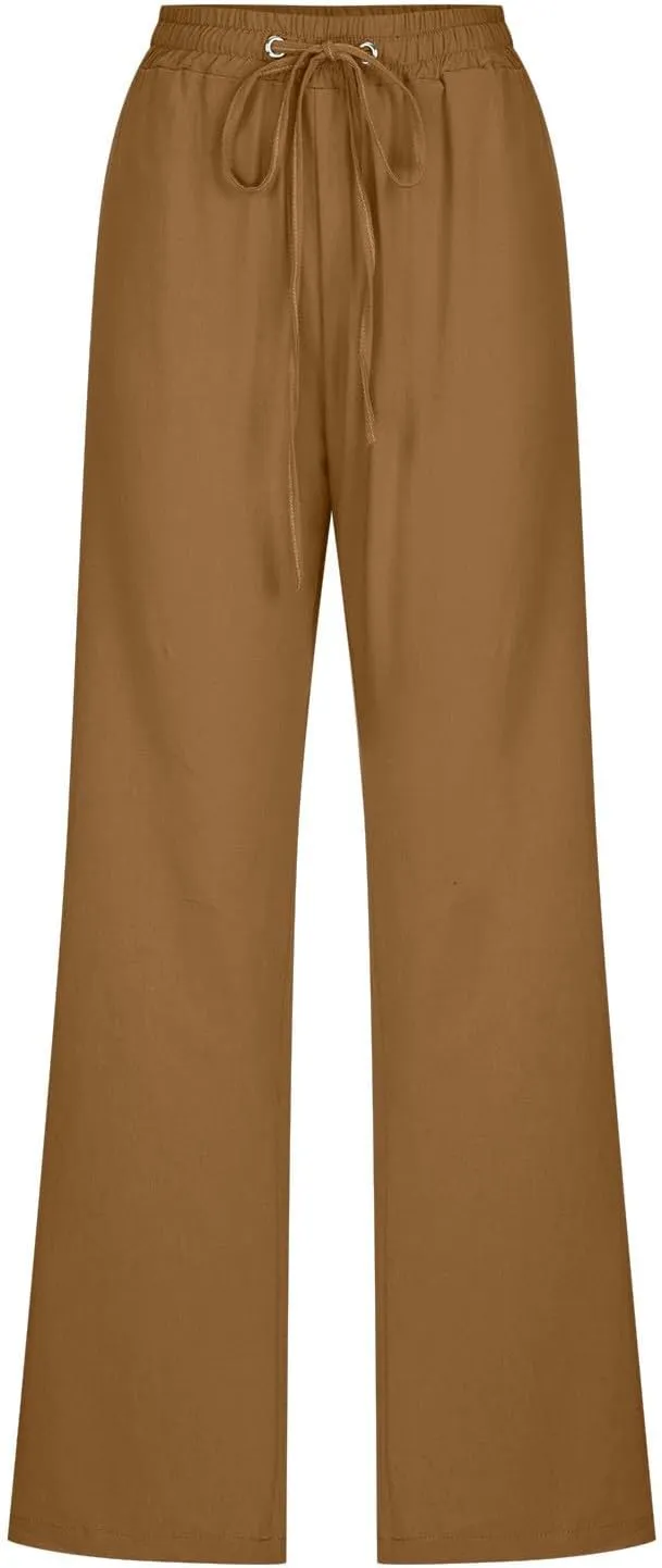 Womens Linen Pants Straight Leg Summer Casual Drawsrting Pants High Waisted Wide Leg Cotton Trousers with Pockets