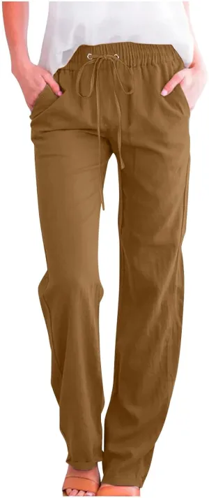 Womens Linen Pants Straight Leg Summer Casual Drawsrting Pants High Waisted Wide Leg Cotton Trousers with Pockets