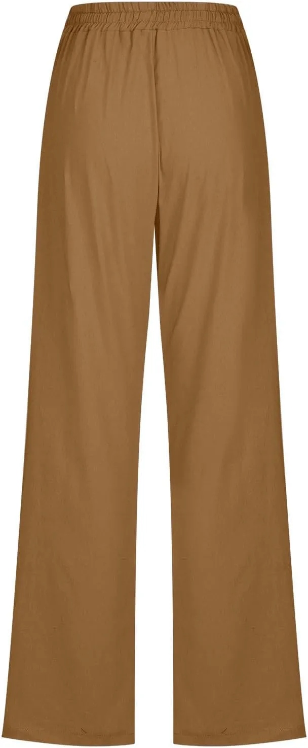 Womens Linen Pants Straight Leg Summer Casual Drawsrting Pants High Waisted Wide Leg Cotton Trousers with Pockets