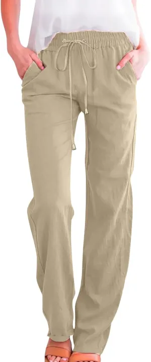 Womens Linen Pants with Pocket,Plus Size Elastic High Waist Trousers Drawstring Straight Leg Loose Beach Lounge Pants