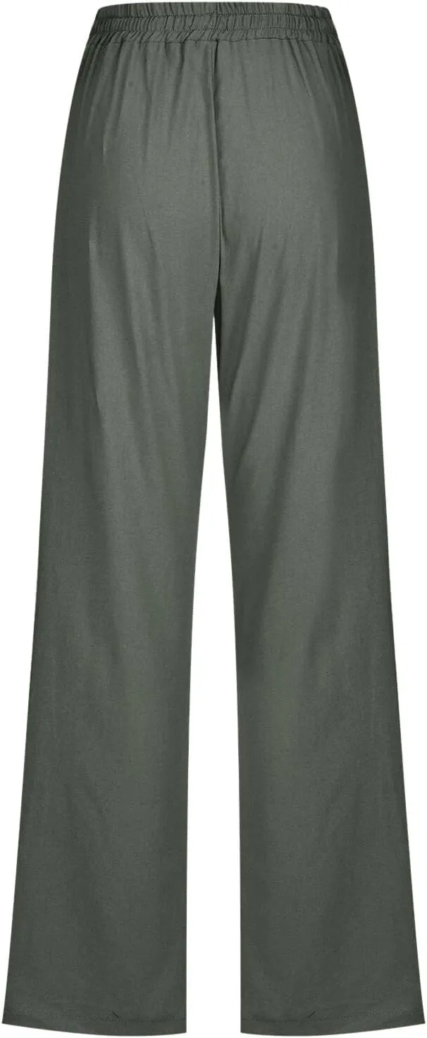 Womens Linen Pants with Pocket,Plus Size Elastic High Waist Trousers Drawstring Straight Leg Loose Beach Lounge Pants
