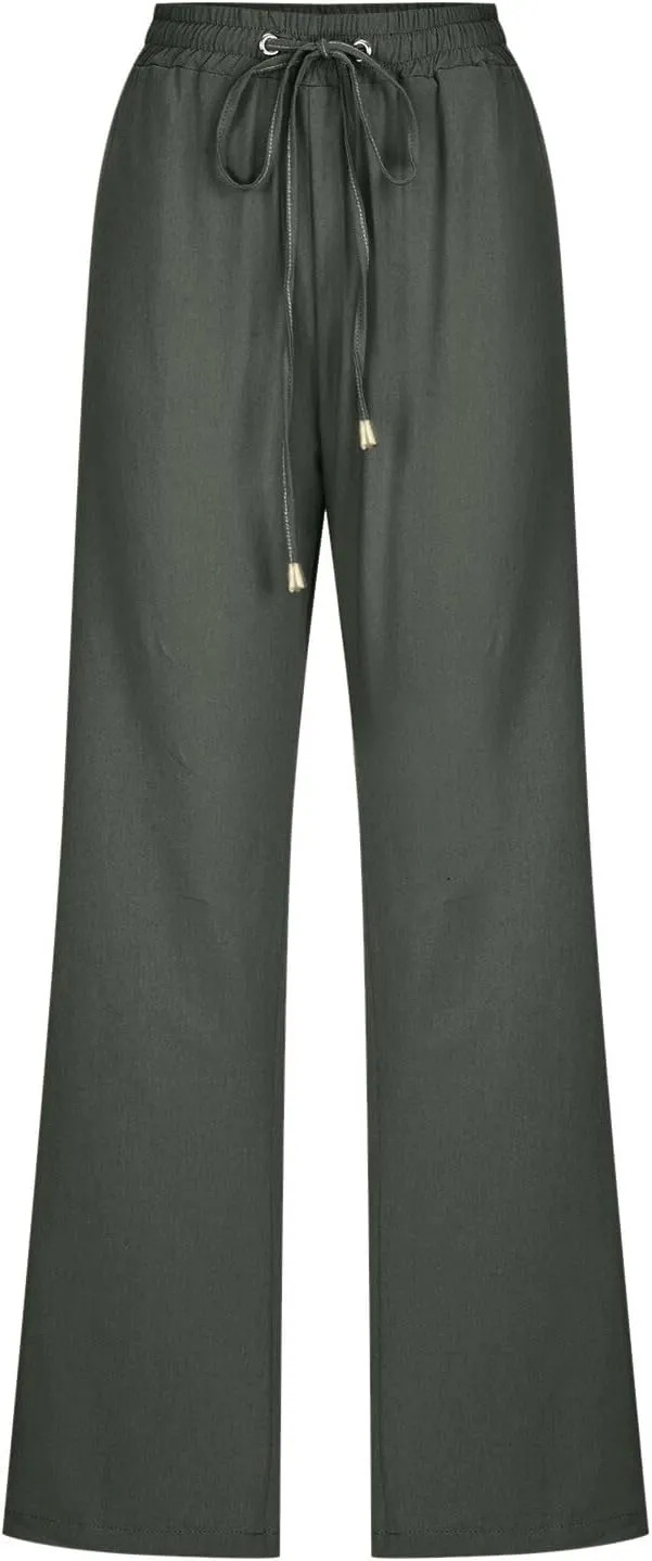 Womens Linen Pants with Pocket,Plus Size Elastic High Waist Trousers Drawstring Straight Leg Loose Beach Lounge Pants