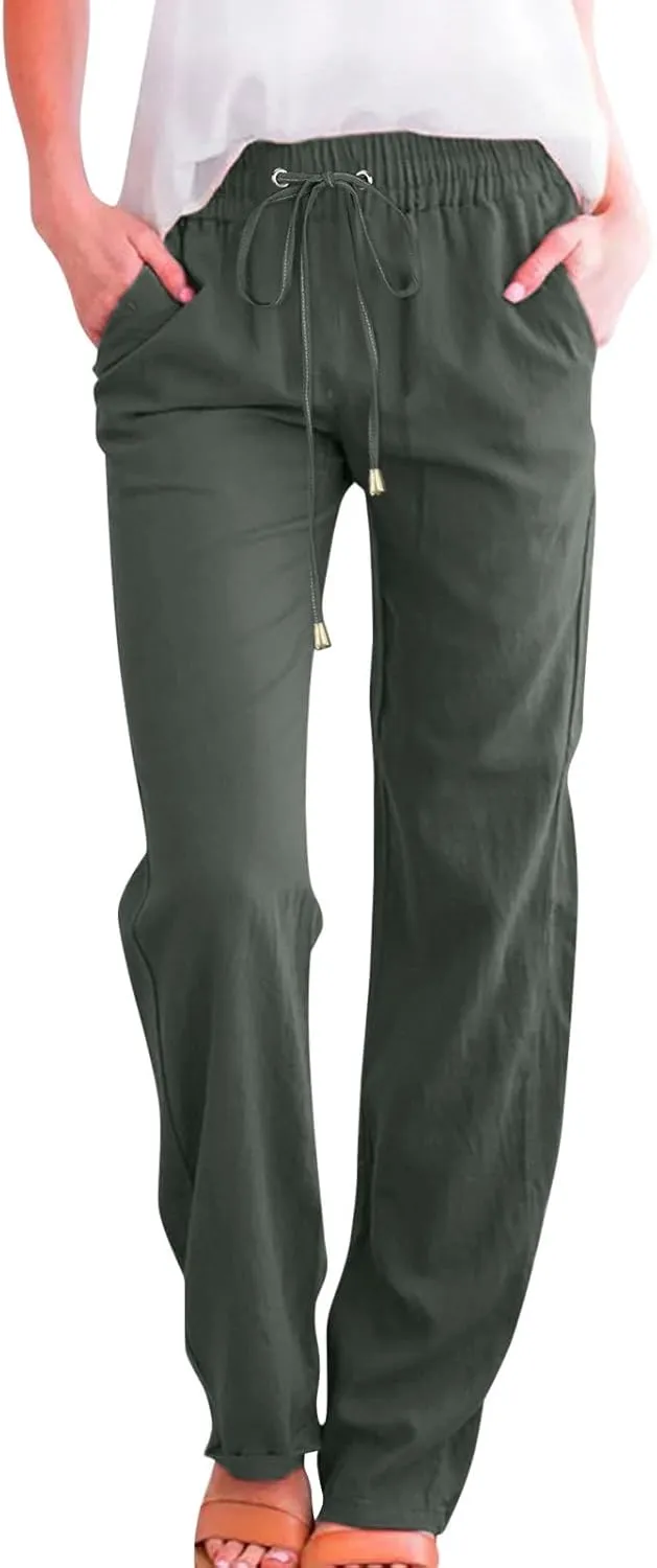 Womens Linen Pants with Pocket,Plus Size Elastic High Waist Trousers Drawstring Straight Leg Loose Beach Lounge Pants