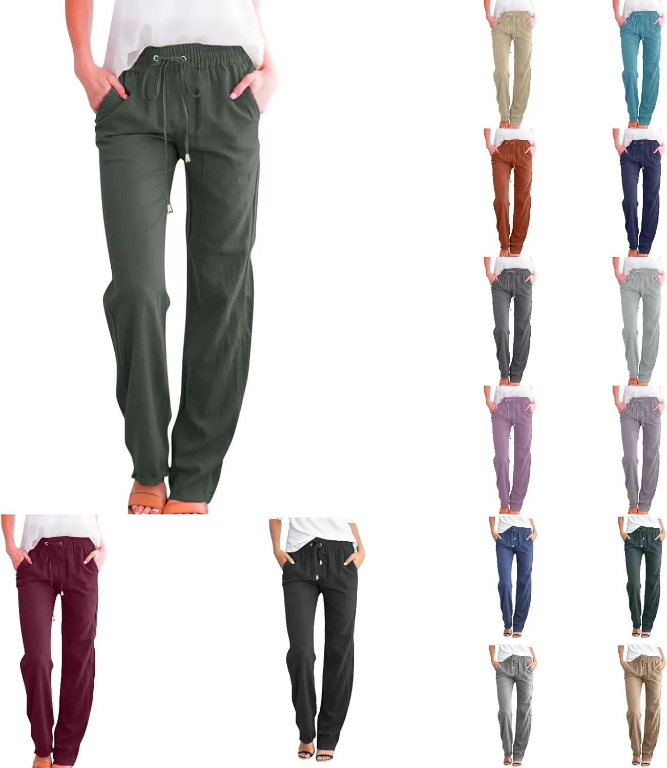 Womens Linen Pants with Pocket,Plus Size Elastic High Waist Trousers Drawstring Straight Leg Loose Beach Lounge Pants