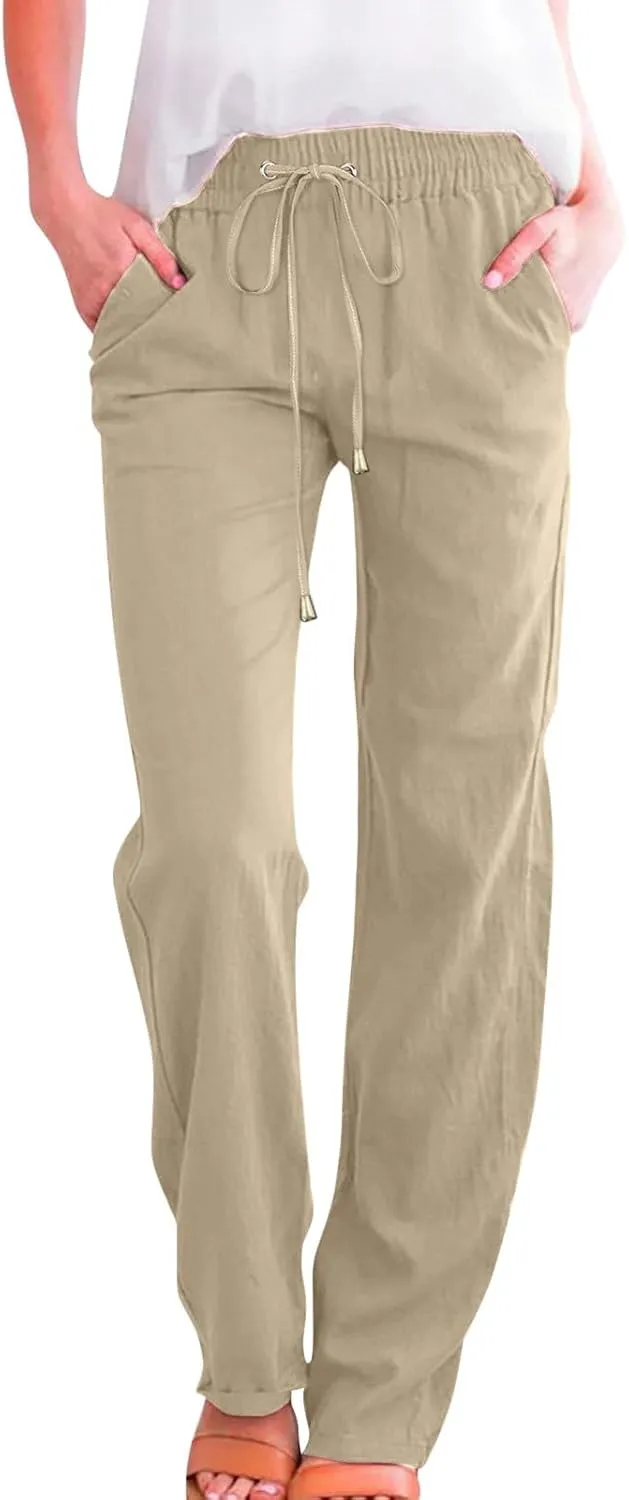 Womens Linen Pants with Pocket,Plus Size Elastic High Waist Trousers Drawstring Straight Leg Loose Beach Lounge Pants