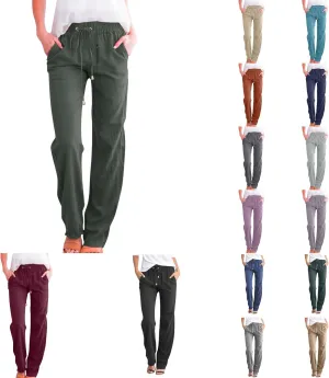 Womens Linen Pants with Pocket,Plus Size Elastic High Waist Trousers Drawstring Straight Leg Loose Beach Lounge Pants