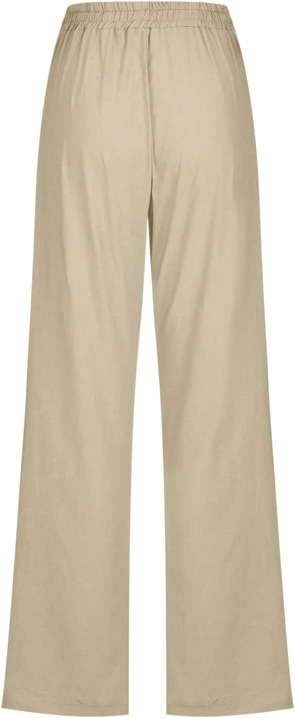 Womens Linen Pants with Pocket,Plus Size Elastic High Waist Trousers Drawstring Straight Leg Loose Beach Lounge Pants