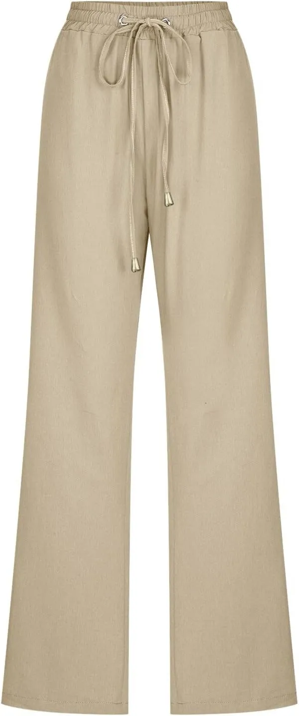 Womens Linen Pants with Pocket,Plus Size Elastic High Waist Trousers Drawstring Straight Leg Loose Beach Lounge Pants