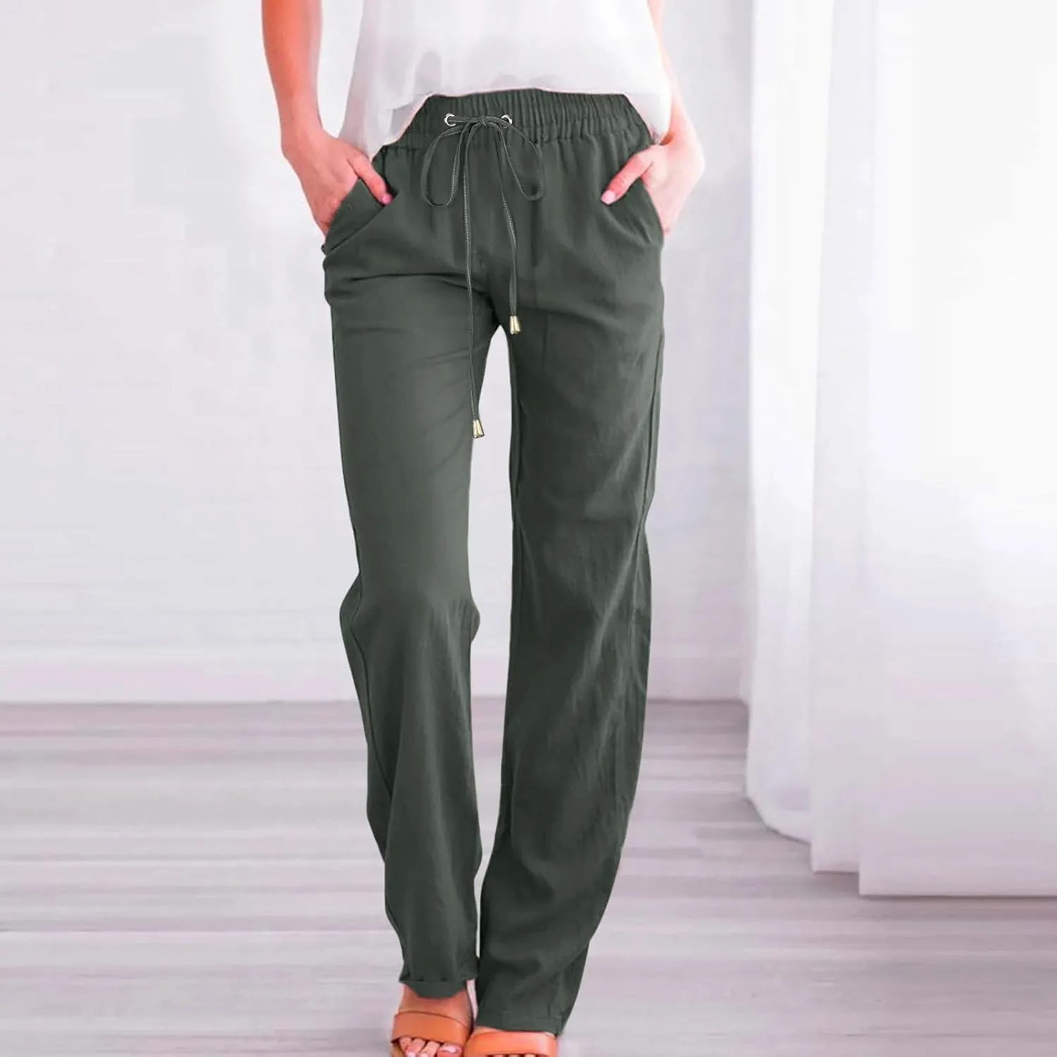Womens Linen Pants with Pocket,Plus Size Elastic High Waist Trousers Drawstring Straight Leg Loose Beach Lounge Pants