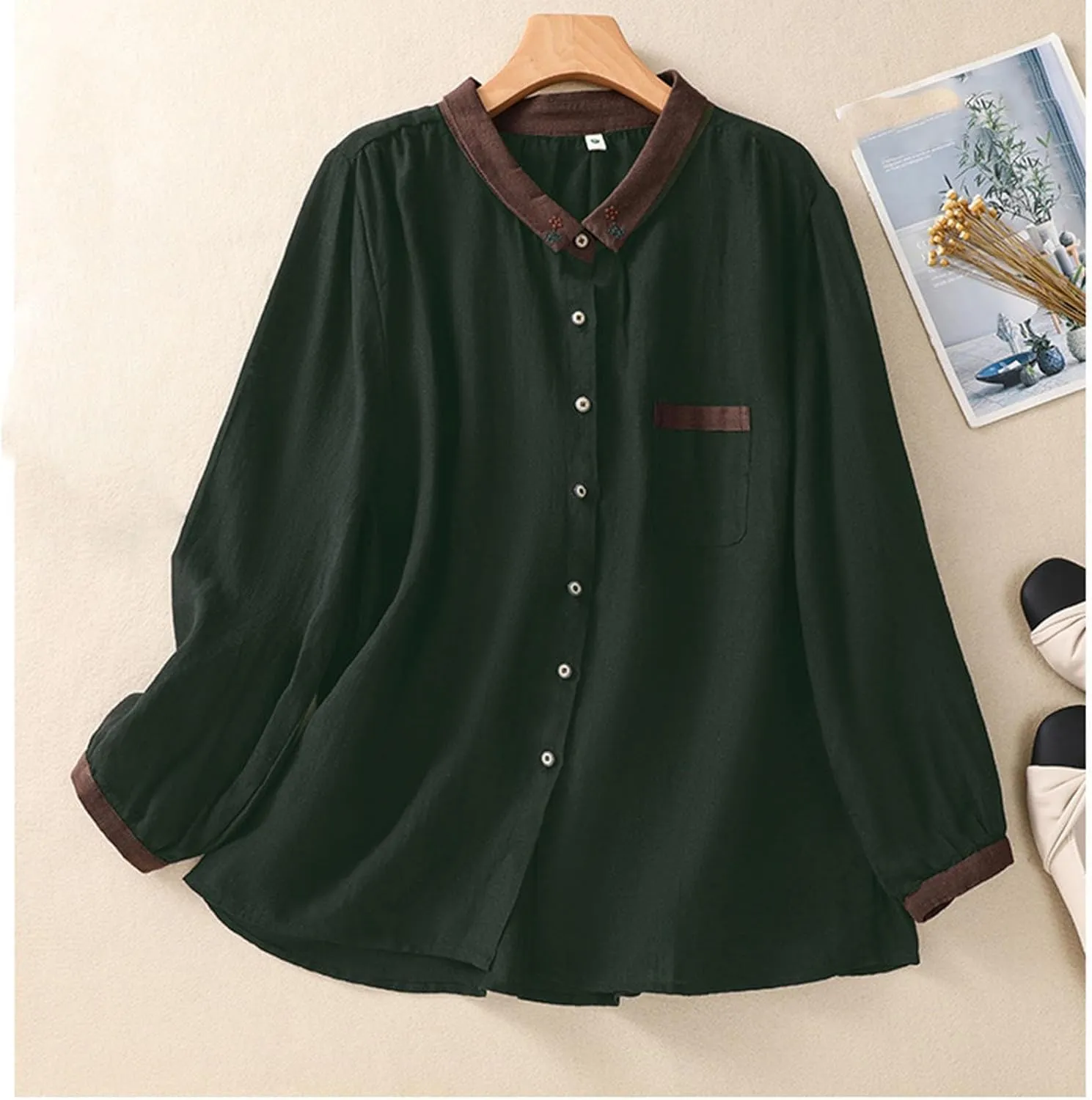 Women's Linen Shirt Button Down Long Sleeve Crew Neck Spring Blouses Long Sleeve Beach Summer Casual Tees with Pocket