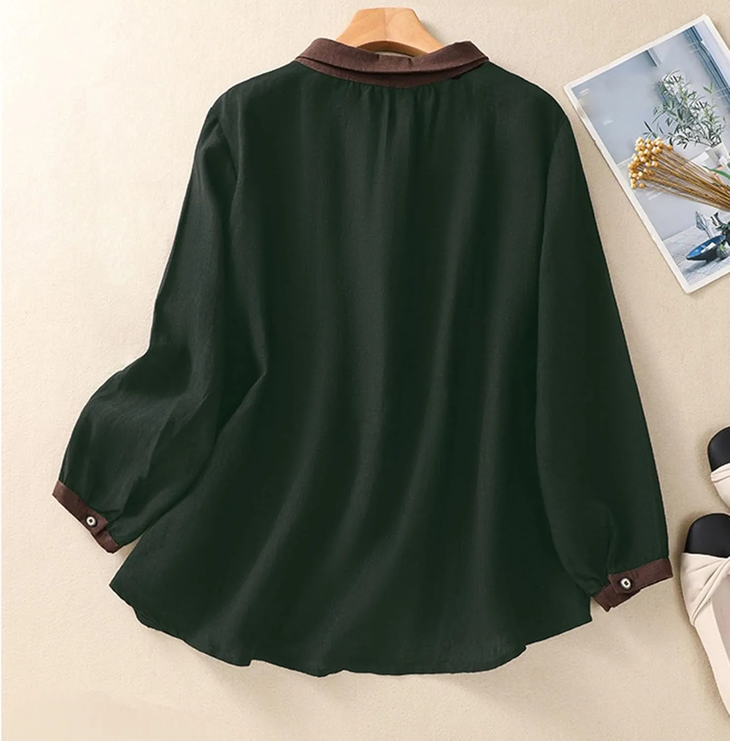 Women's Linen Shirt Button Down Long Sleeve Crew Neck Spring Blouses Long Sleeve Beach Summer Casual Tees with Pocket