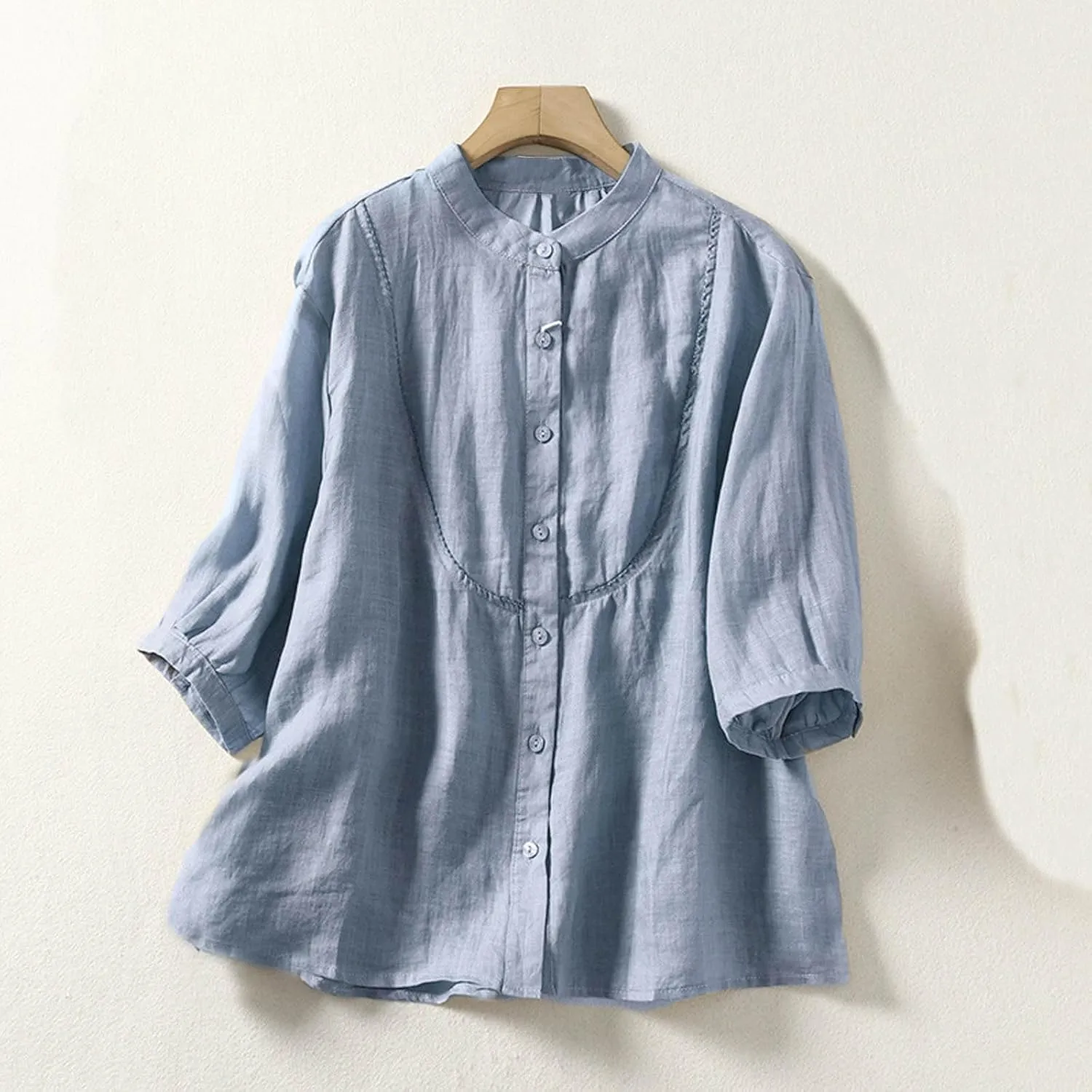 Women's Linen Shirts Cotton Trendy Casual Solid Crewneck 3/4 Sleeve Blouses Button Loose Summer Beach T Shirt 2025
