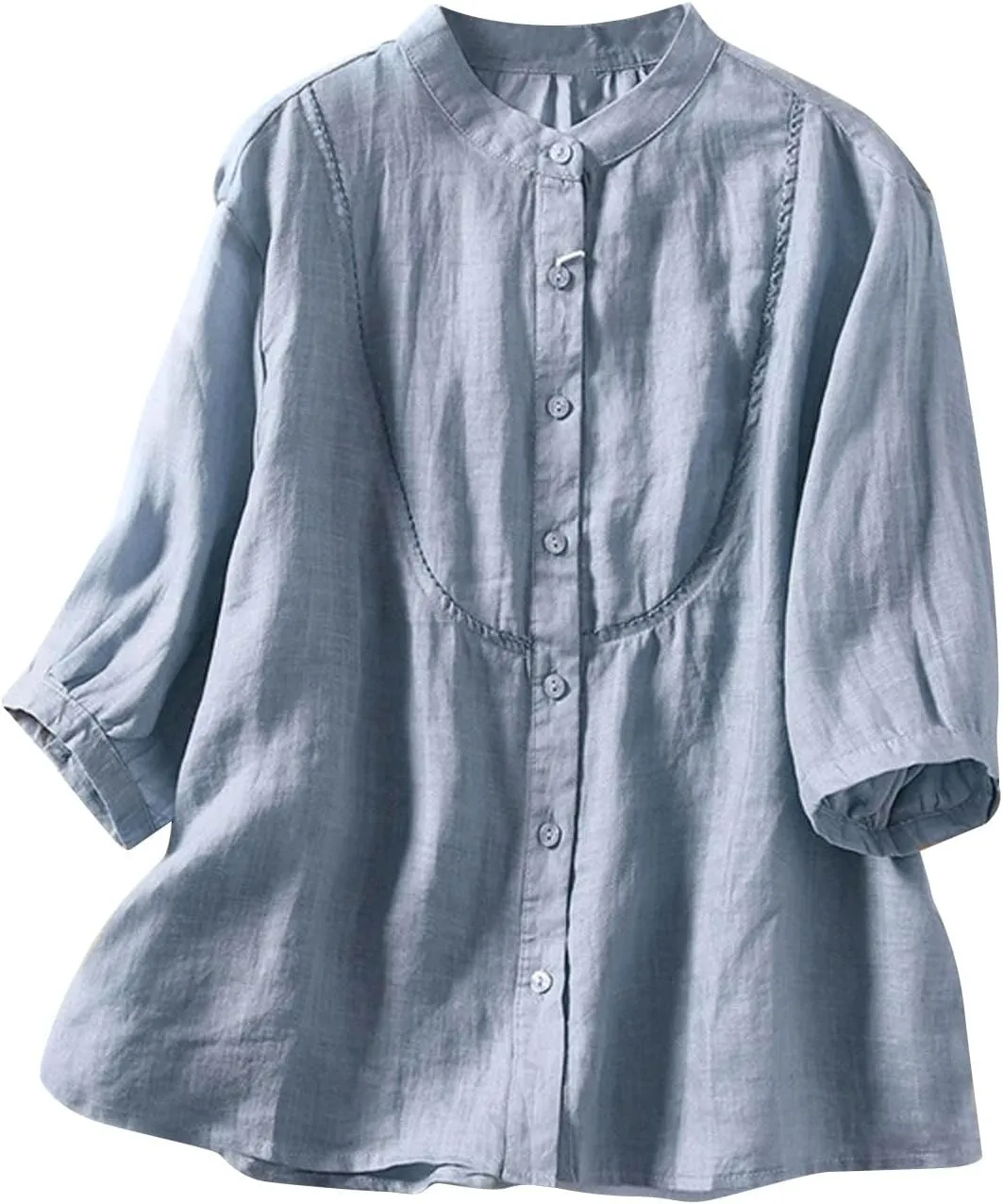 Women's Linen Shirts Cotton Trendy Casual Solid Crewneck 3/4 Sleeve Blouses Button Loose Summer Beach T Shirt 2025