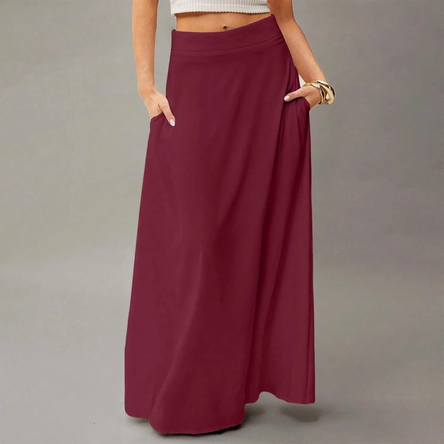 Women's Long Skirts Fall High Waisted Stretchy Solid Flowy Soft Beach Maxi Skirt, S-2XL