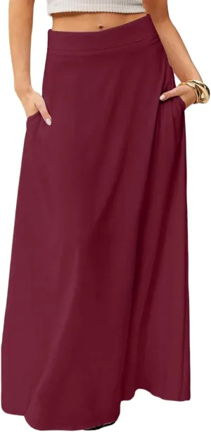 Women's Long Skirts Fall High Waisted Stretchy Solid Flowy Soft Beach Maxi Skirt, S-2XL