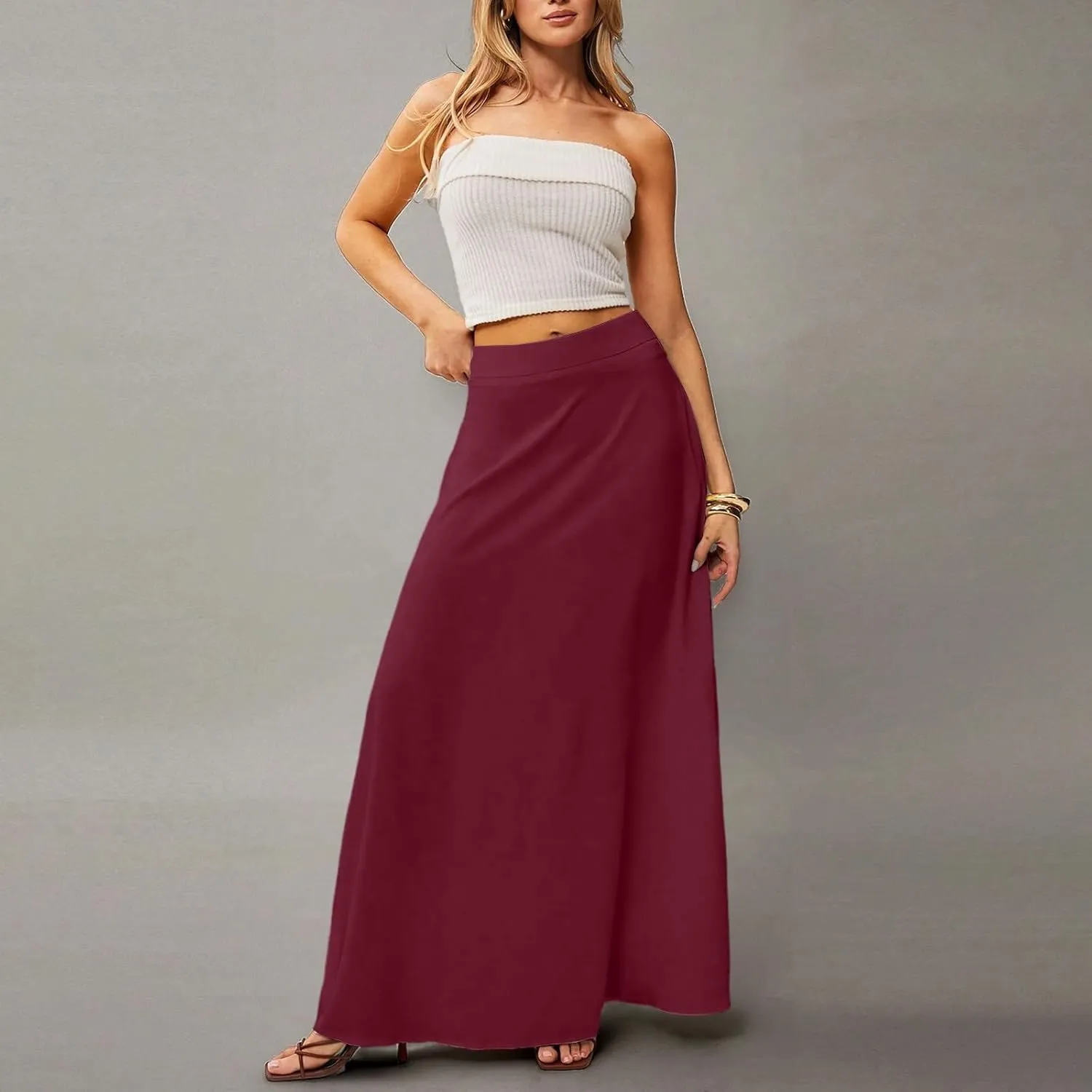 Women's Long Skirts Fall High Waisted Stretchy Solid Flowy Soft Beach Maxi Skirt, S-2XL
