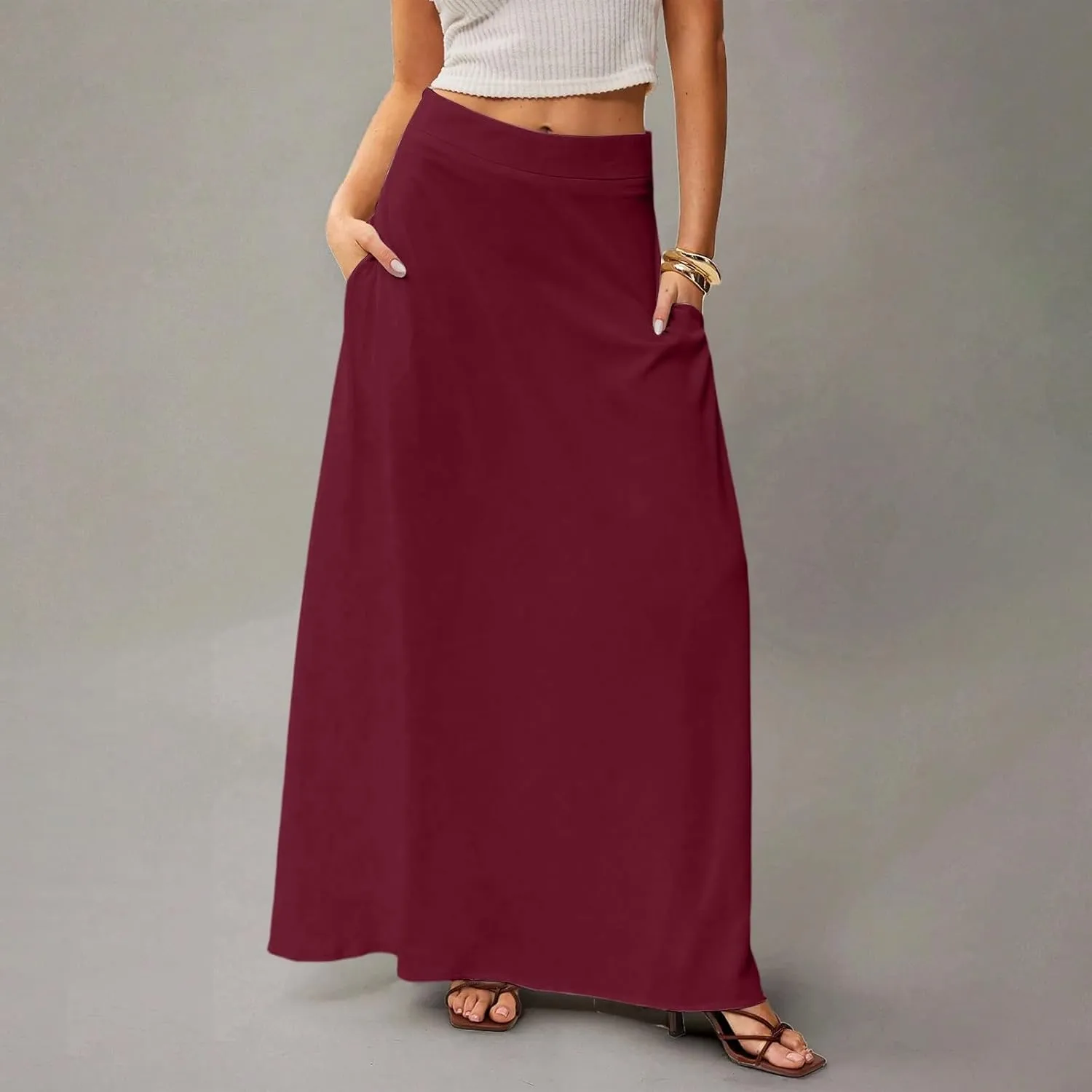 Women's Long Skirts Fall High Waisted Stretchy Solid Flowy Soft Beach Maxi Skirt, S-2XL