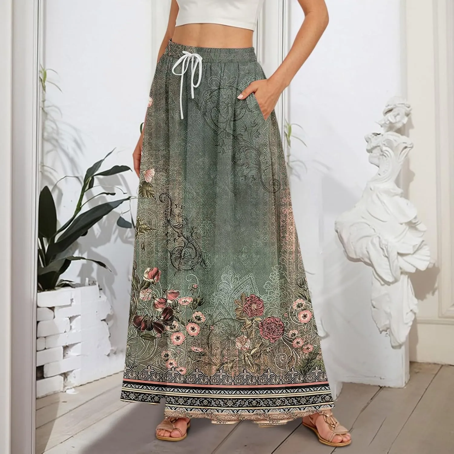 Women's Long Skirts Fall High Waisted Stretchy Vintage Floral Beach Swing Maxi Skirt, S-2XL