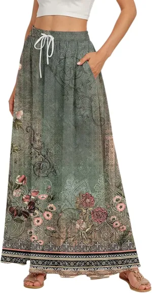 Women's Long Skirts Fall High Waisted Stretchy Vintage Floral Beach Swing Maxi Skirt, S-2XL