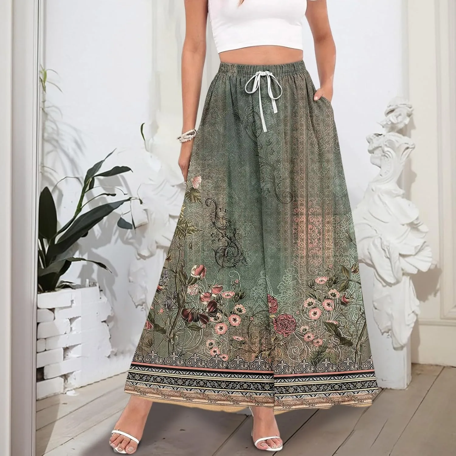 Women's Long Skirts Fall High Waisted Stretchy Vintage Floral Beach Swing Maxi Skirt, S-2XL