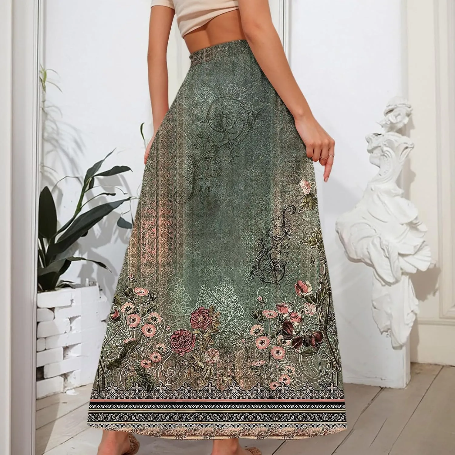 Women's Long Skirts Fall High Waisted Stretchy Vintage Floral Beach Swing Maxi Skirt, S-2XL