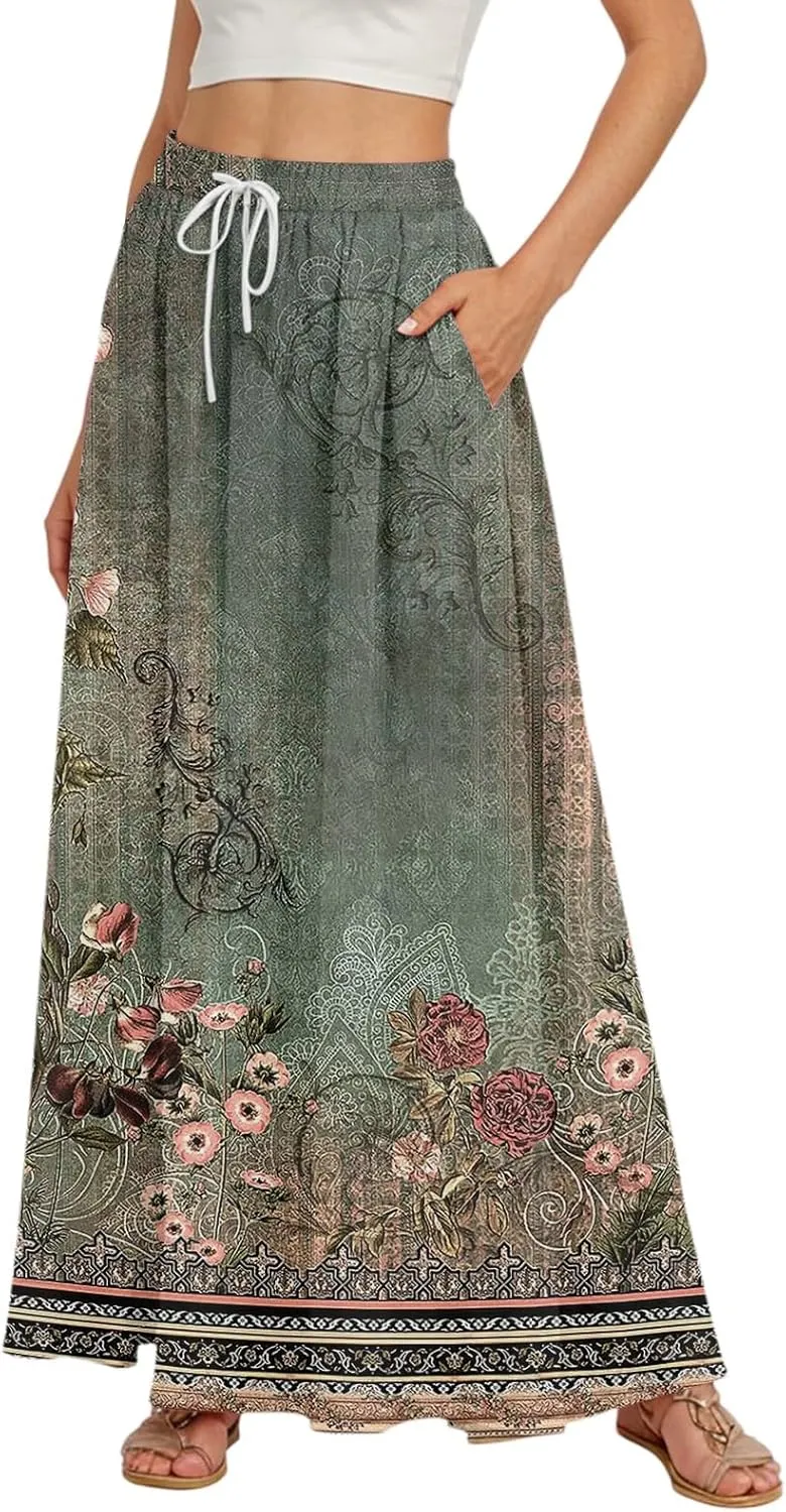 Women's Long Skirts Fall High Waisted Stretchy Vintage Floral Beach Swing Maxi Skirt, S-2XL