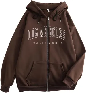 Womens Los Angeles California Comfort Hoodies Letter Zipper Up Workou Graphic Hooded Sweatshirts for Teens Zip Up Y2K
