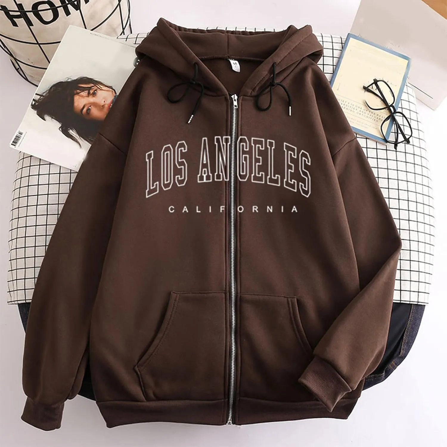 Womens Los Angeles California Comfort Hoodies Letter Zipper Up Workou Graphic Hooded Sweatshirts for Teens Zip Up Y2K