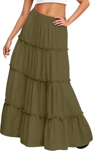 Womens Maxi Skirt Boho Tiered Long Skirts Summer Trendy A Line Ruffle Maxi Skirts Casual Resort Wear with Pockets