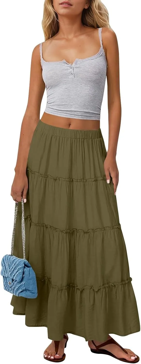 Womens Maxi Skirt Boho Tiered Long Skirts Summer Trendy A Line Ruffle Maxi Skirts Casual Resort Wear with Pockets