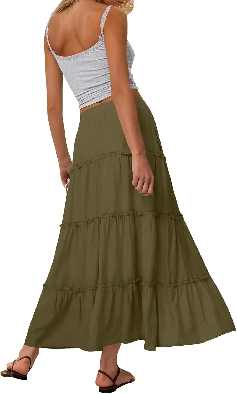 Womens Maxi Skirt Boho Tiered Long Skirts Summer Trendy A Line Ruffle Maxi Skirts Casual Resort Wear with Pockets