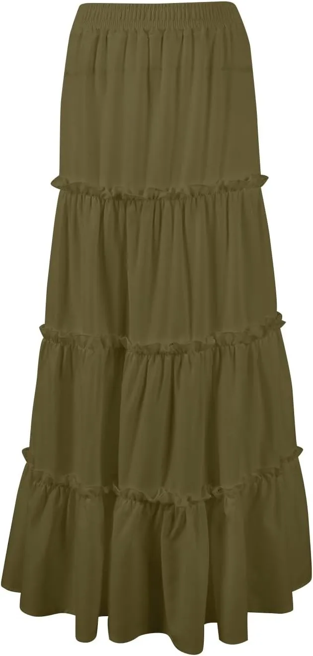 Womens Maxi Skirt Boho Tiered Long Skirts Summer Trendy A Line Ruffle Maxi Skirts Casual Resort Wear with Pockets