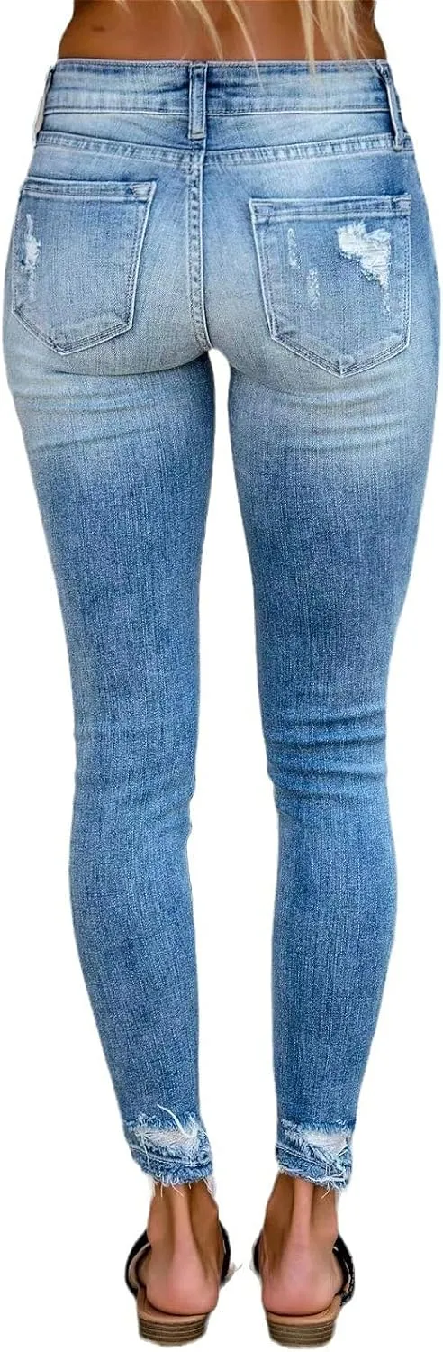 Women's Mid Rise Skinny Stretch Ripped Jeans Mid Waisted Destroyed Tight Denim Pants
