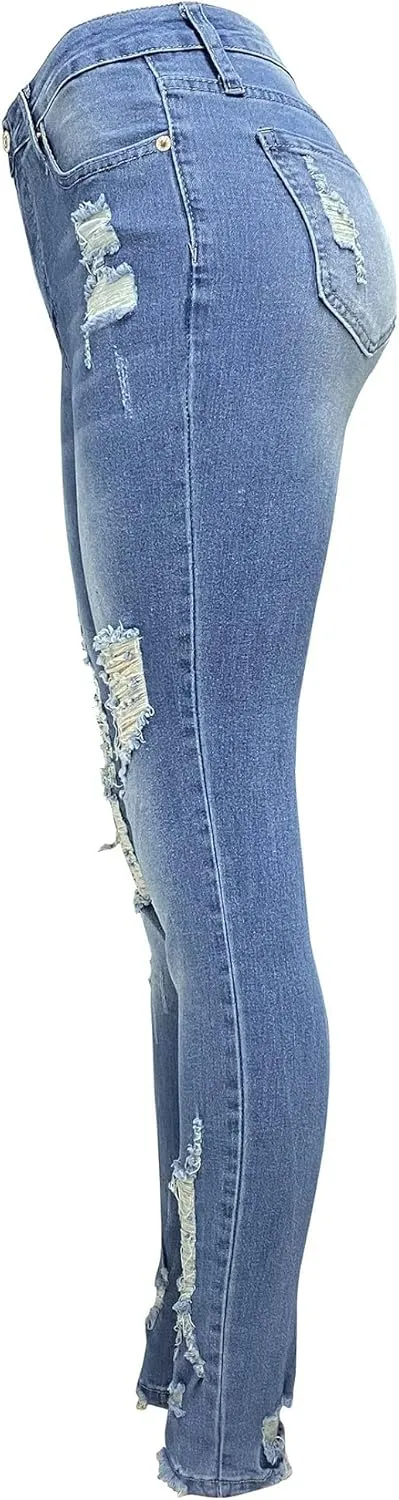 Women's Mid Rise Skinny Stretch Ripped Jeans Mid Waisted Destroyed Tight Denim Pants