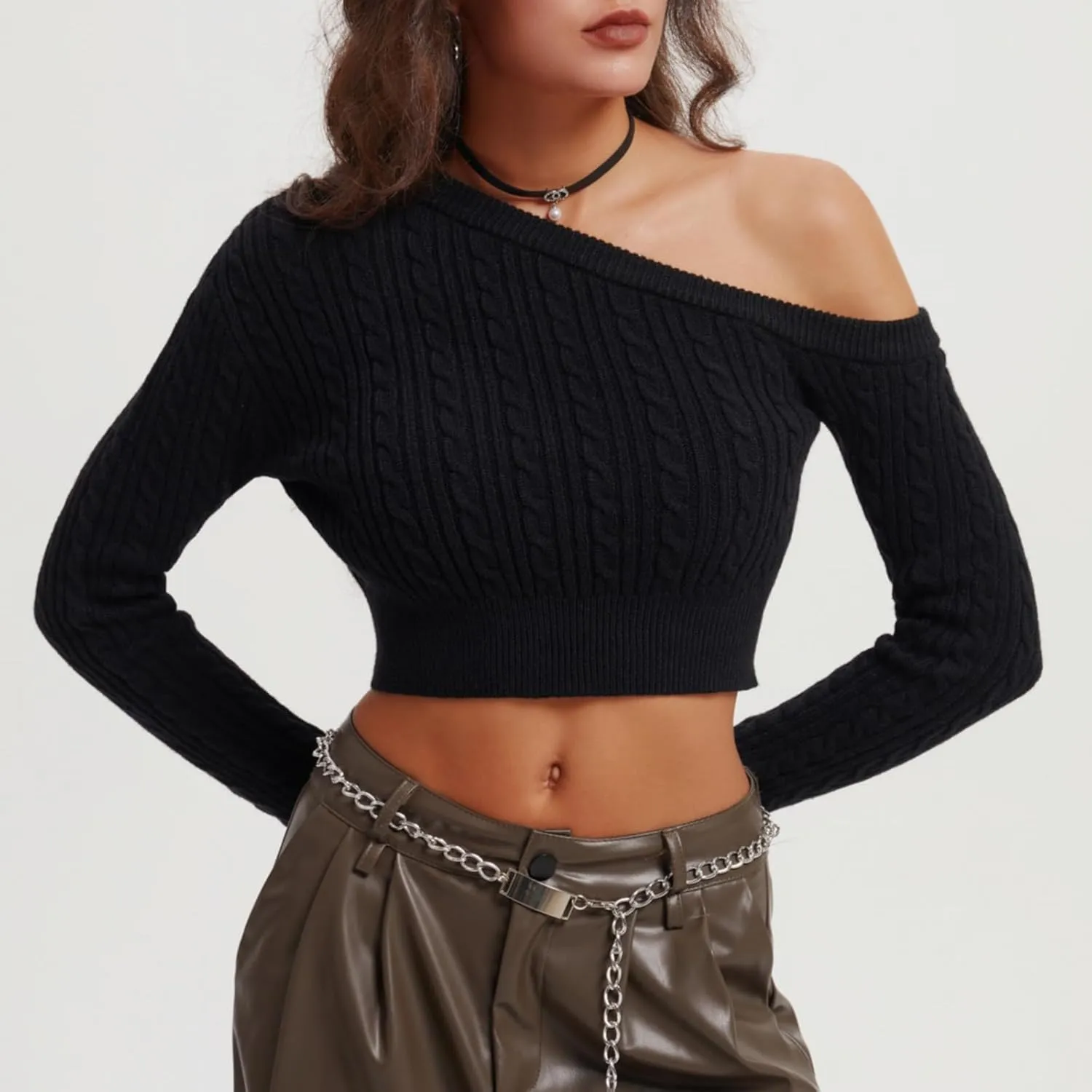 Women's Off Shoulder Chunky Knit Cropped Sweaters Wrap Long Sleeve Slim Pullover Winter Trendy Solid Color Jumper Tops